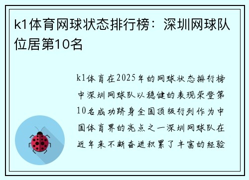 k1体育网球状态排行榜：深圳网球队位居第10名